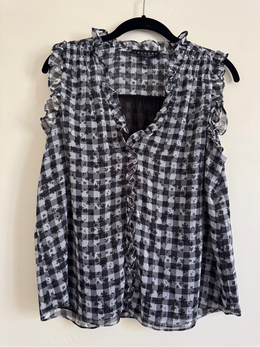 Laundry by Shelli Segal Black & White Gingham Ruffle Sleeveless Top, Medium
